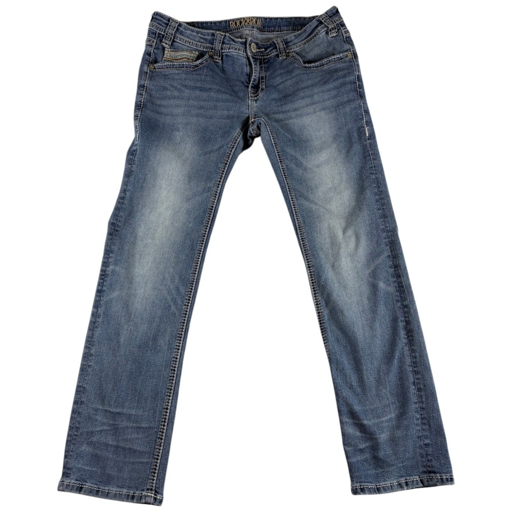 Rock & Roll Denim Low Rise Straight Jeans Womens 29x30 Blue‎ Cotton Whiskered
